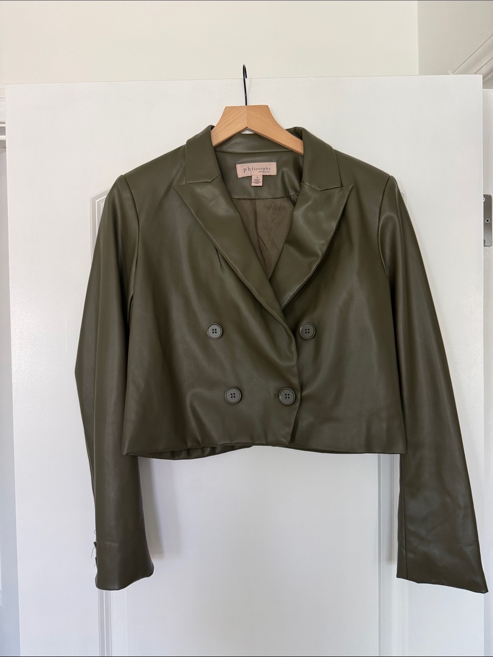 Philosophy Olive Cropped Faux-Leather Double-Breasted Blazer